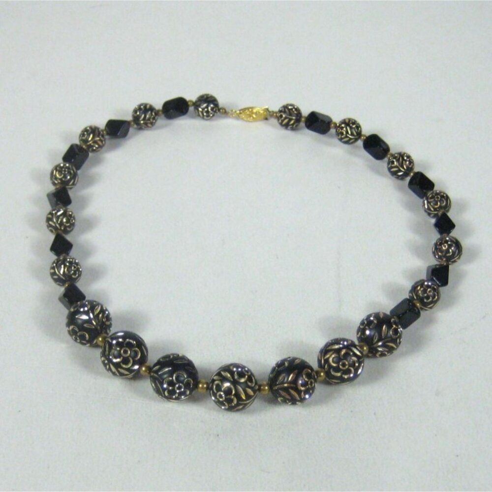 Beaded Necklace 19 inch Vintage Carved Floral Black Etched Round Acrylic Beads